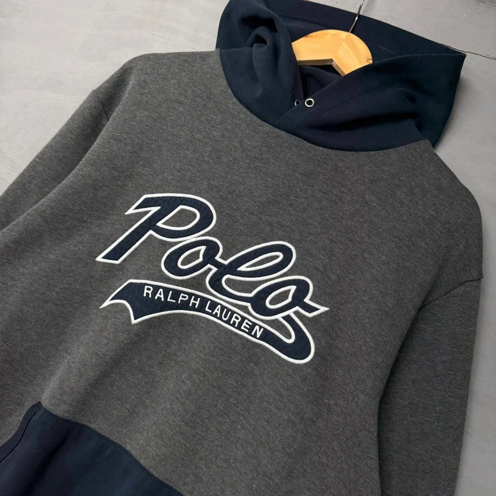 Polo Ralph‎ Lauren Hoodie Gray Navy Blue Performance Script Logo XXL